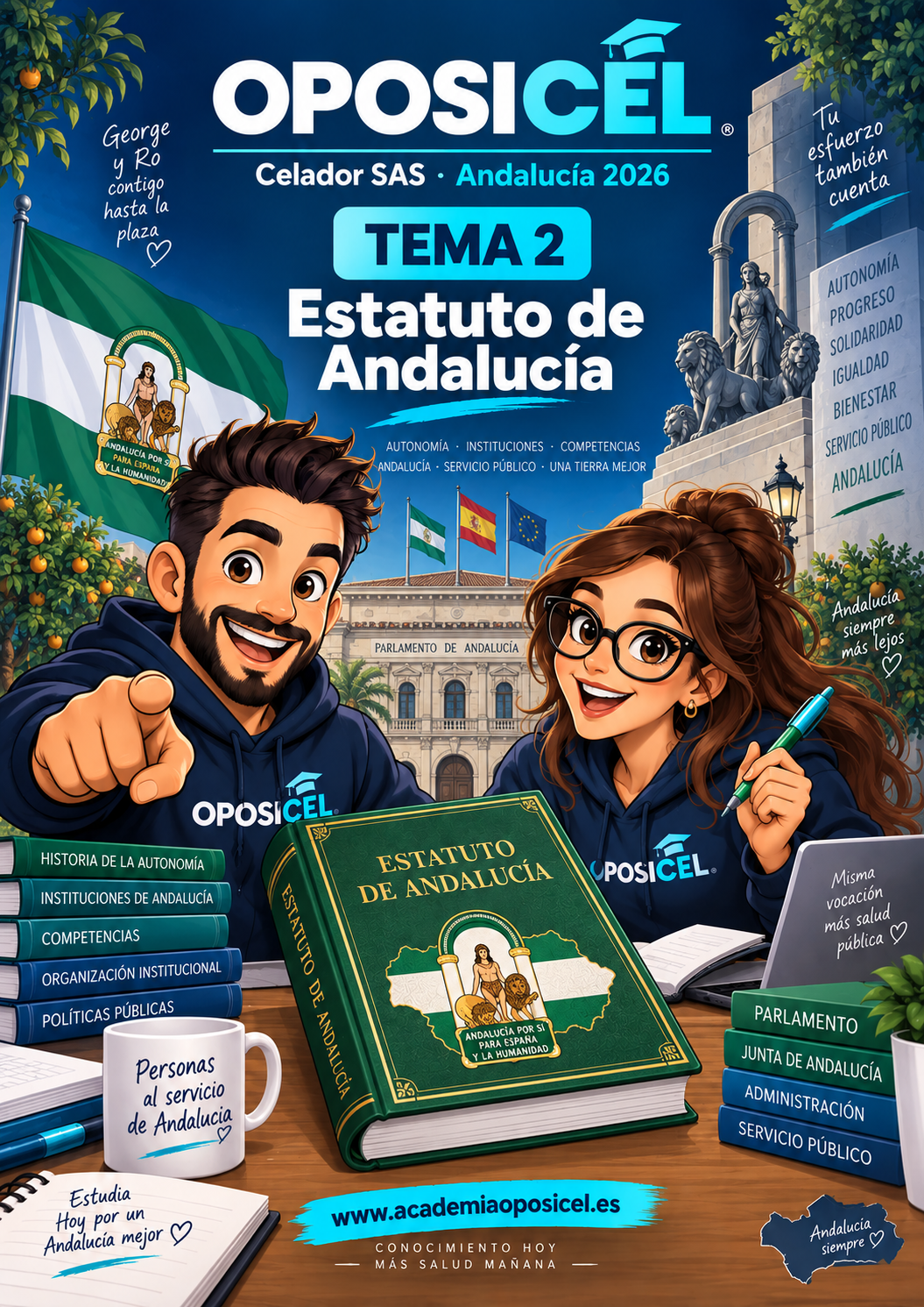 OPOSICEL · Celador SAS Andalucía 2026 · Tema 2: Estatuto de Andalucía · George y Ro · PDF descargable.
