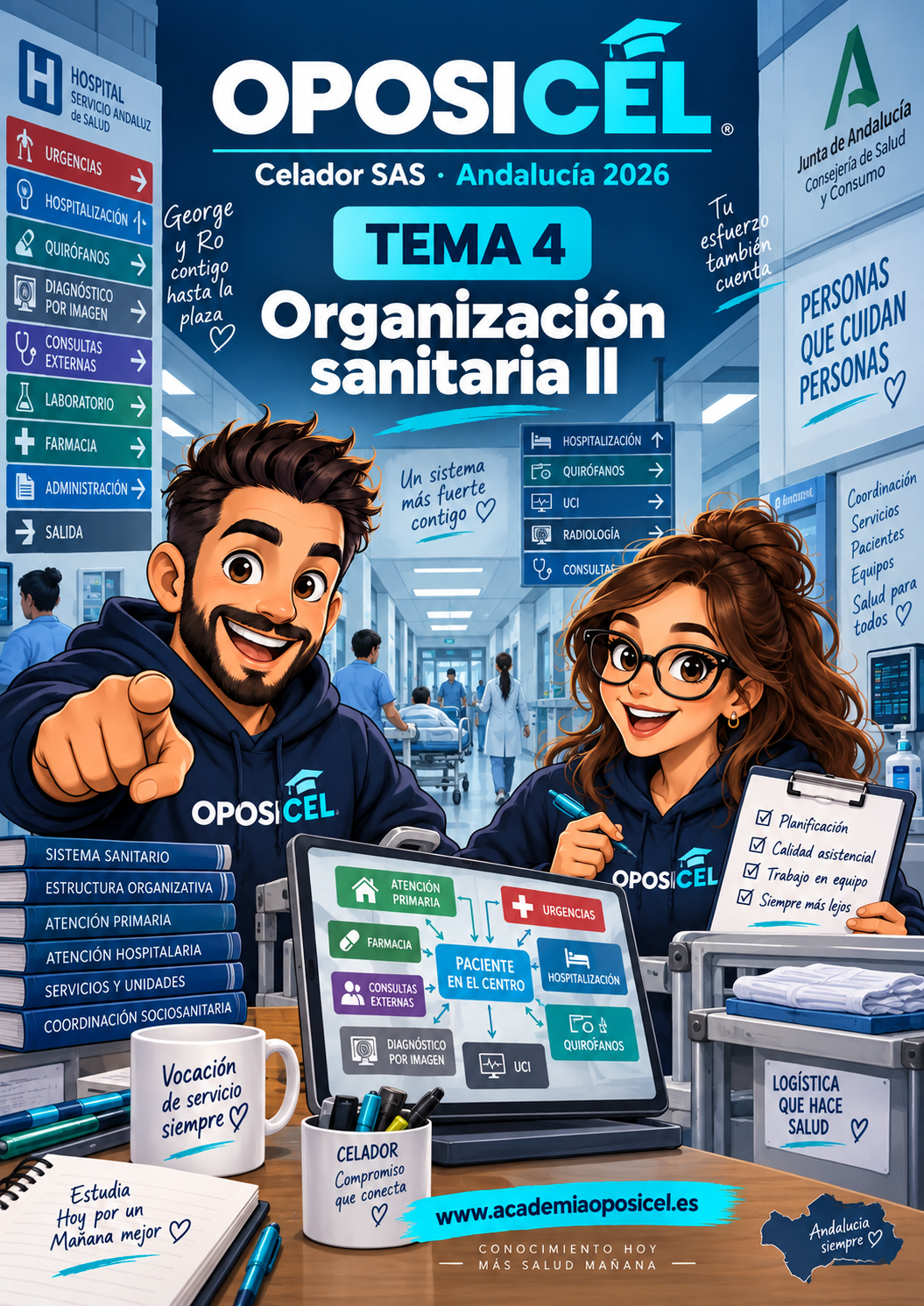 OPOSICEL · Celador SAS Andalucía 2026 · Tema 4: Organización sanitaria II · George y Ro · PDF descargable.