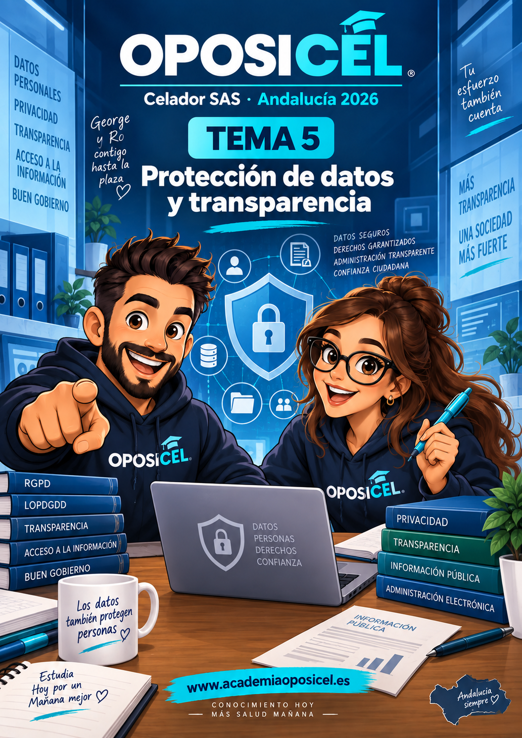 OPOSICEL · Celador SAS Andalucía 2026 · Tema 5: Protección de datos y transparencia · George y Ro · PDF descargable.