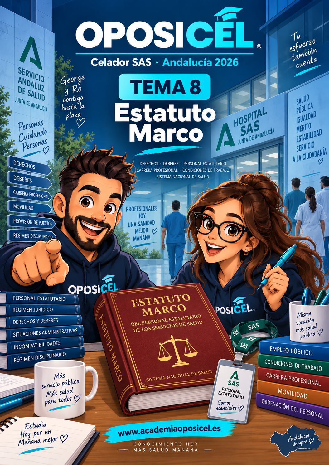 OPOSICEL · Celador SAS Andalucía 2026 · Tema 8: Estatuto Marco · George y Ro · PDF descargable.