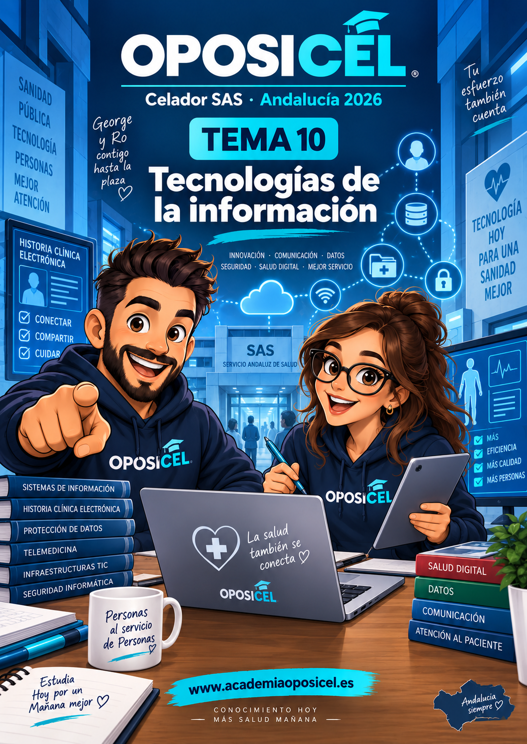 OPOSICEL · Celador SAS Andalucía 2026 · Tema 10: Tecnologías de la información · George y Ro · PDF descargable.