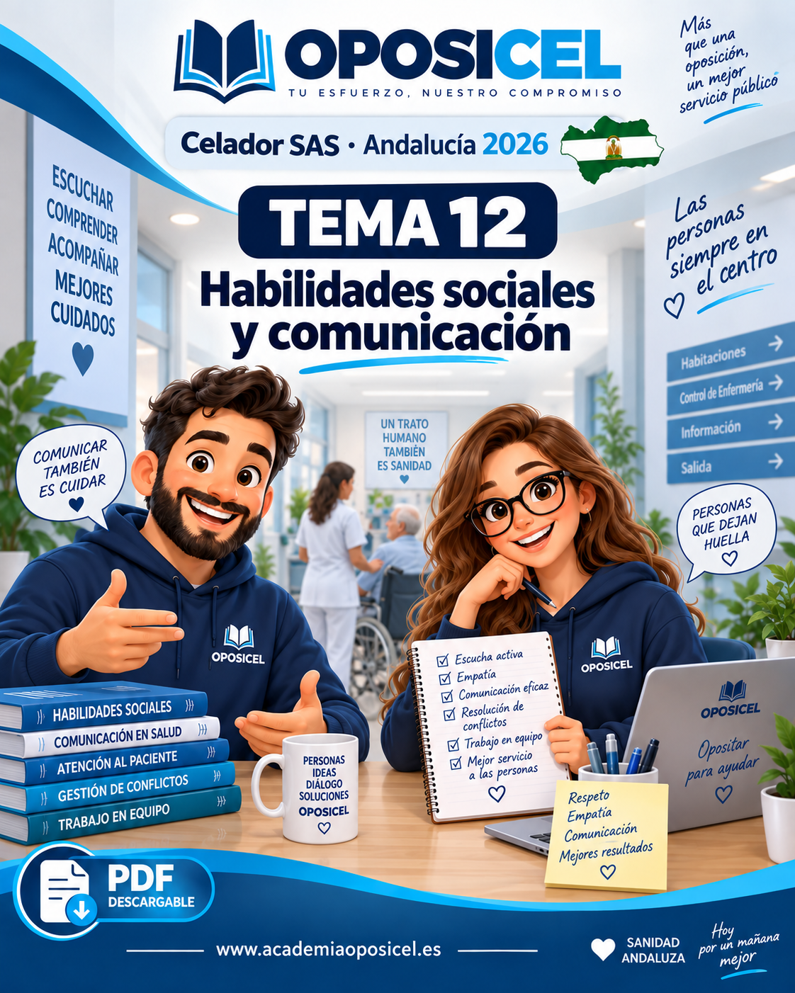 OPOSICEL · Celador SAS Andalucía 2026 · Tema 12: Habilidades sociales y comunicación · George y Ro · PDF descargable.