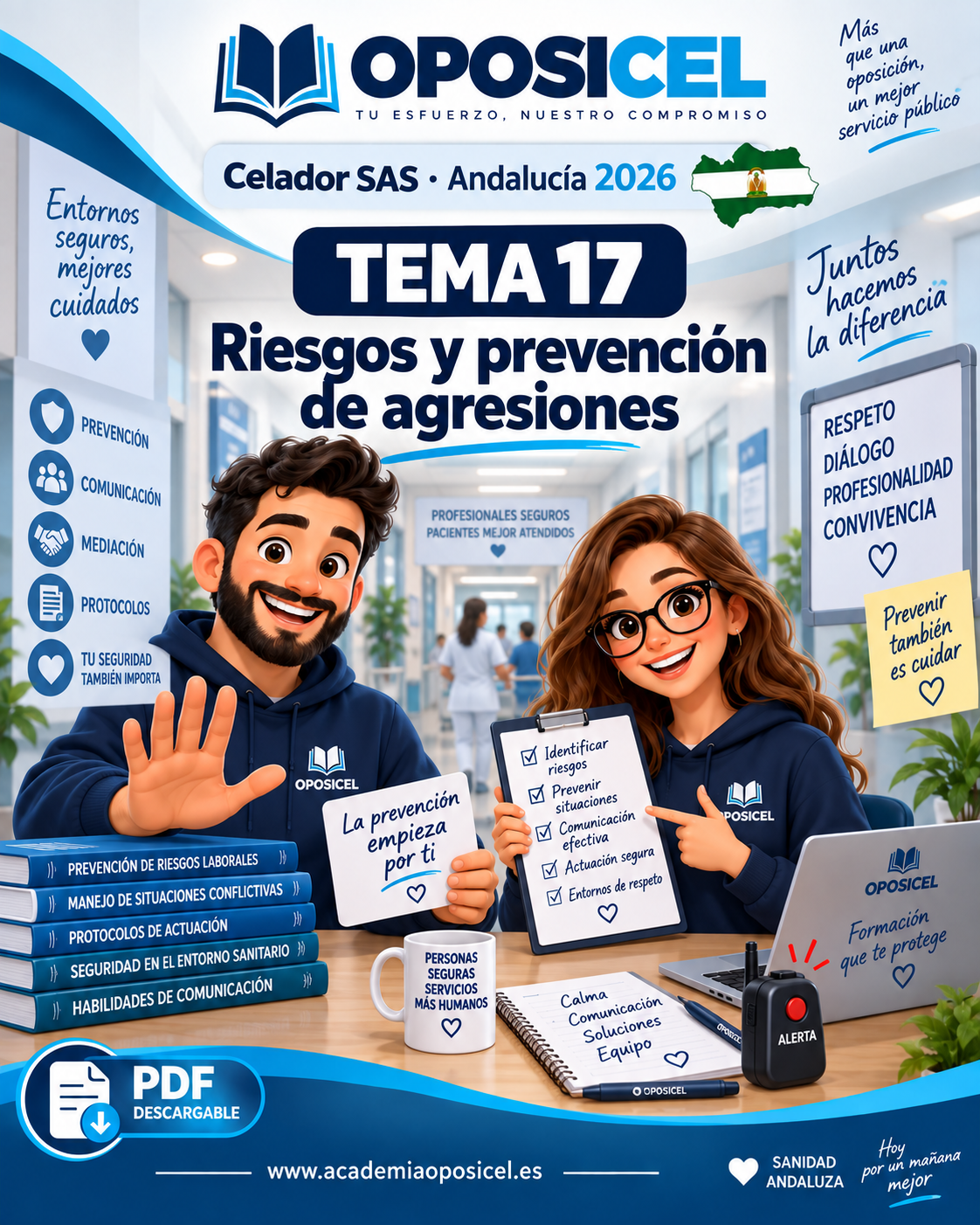 OPOSICEL · Celador SAS Andalucía 2026 · Tema 17: Riesgos y prevención de agresiones · George y Ro · PDF descargable.