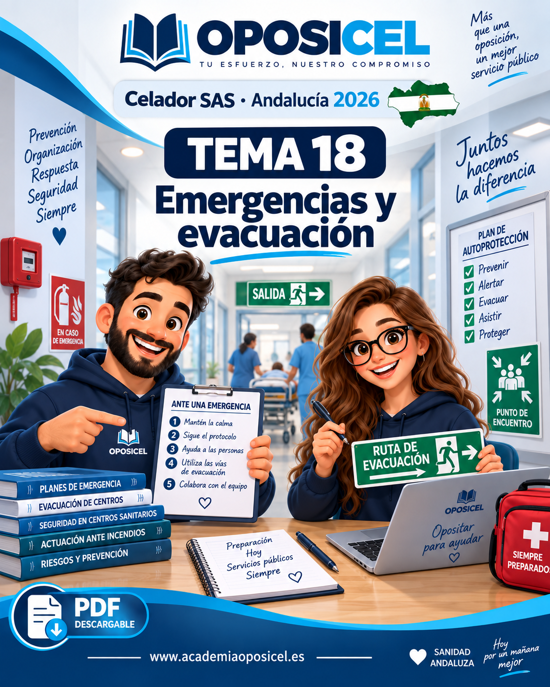 OPOSICEL · Celador SAS Andalucía 2026 · Tema 18: Emergencias y evacuación · George y Ro · PDF descargable.