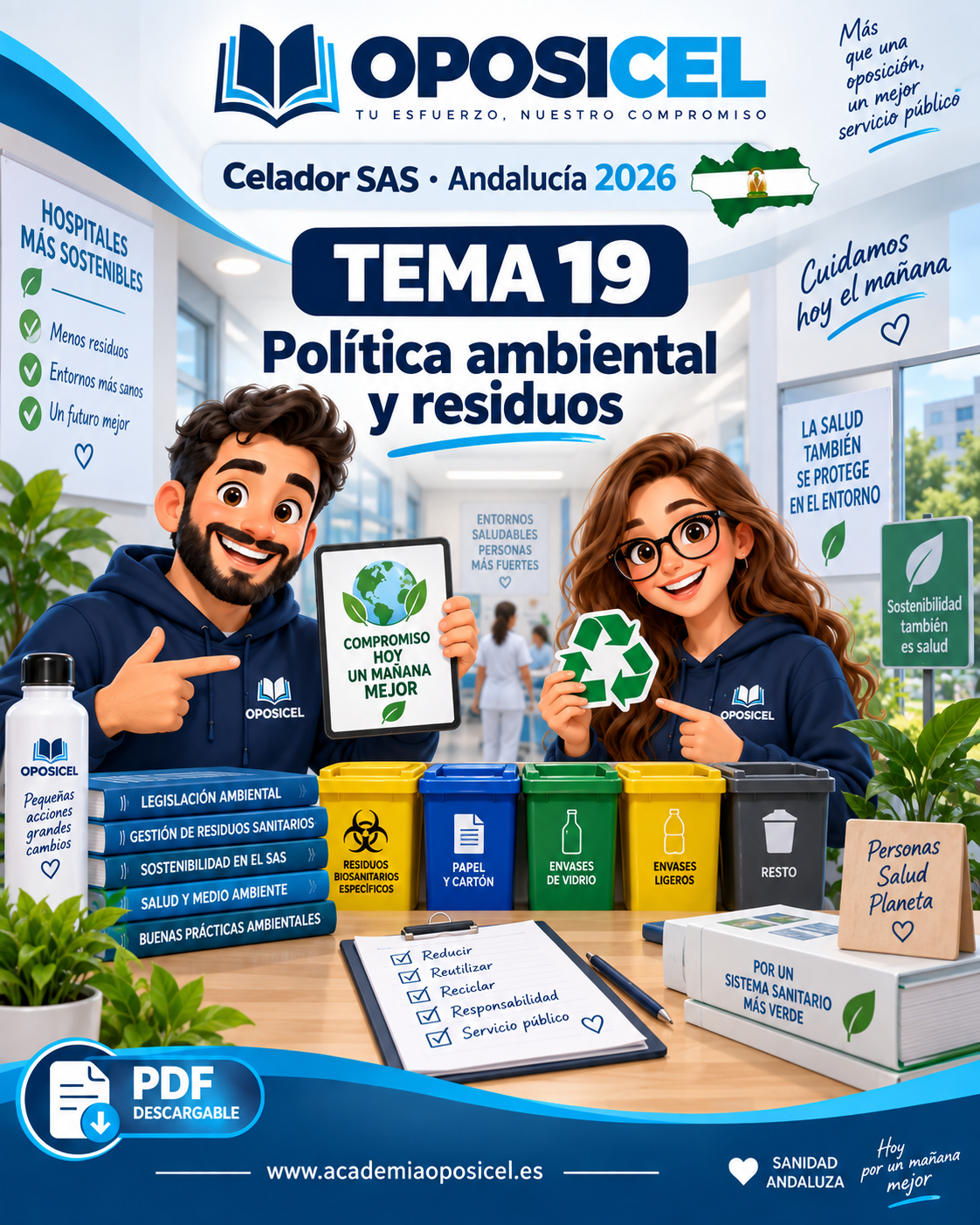 OPOSICEL · Celador SAS Andalucía 2026 · Tema 19: Política ambiental y residuos · George y Ro · PDF descargable.