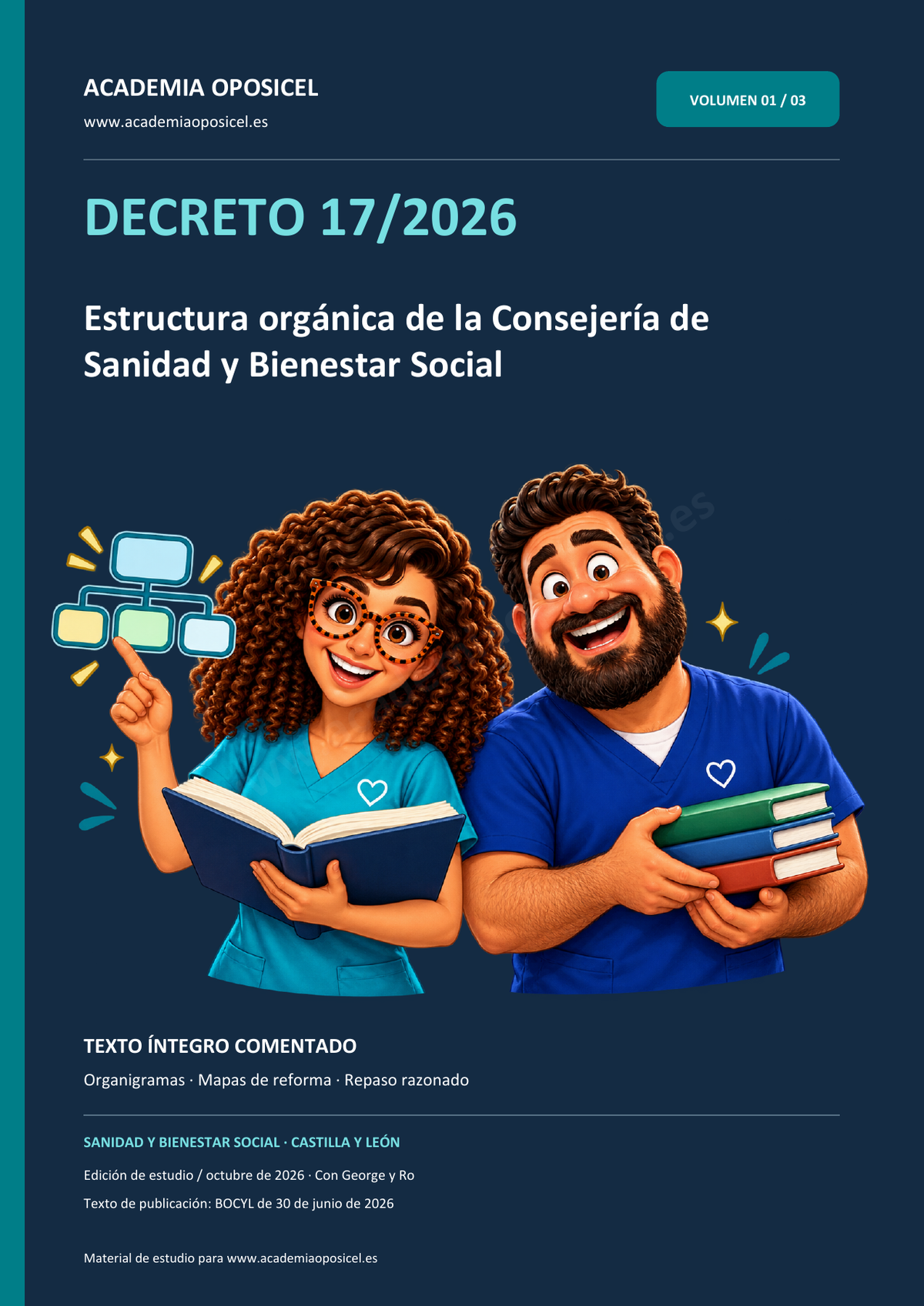 Carátula del volumen Decreto 17/2026 comentado, con George y Ro de Academia Oposicel