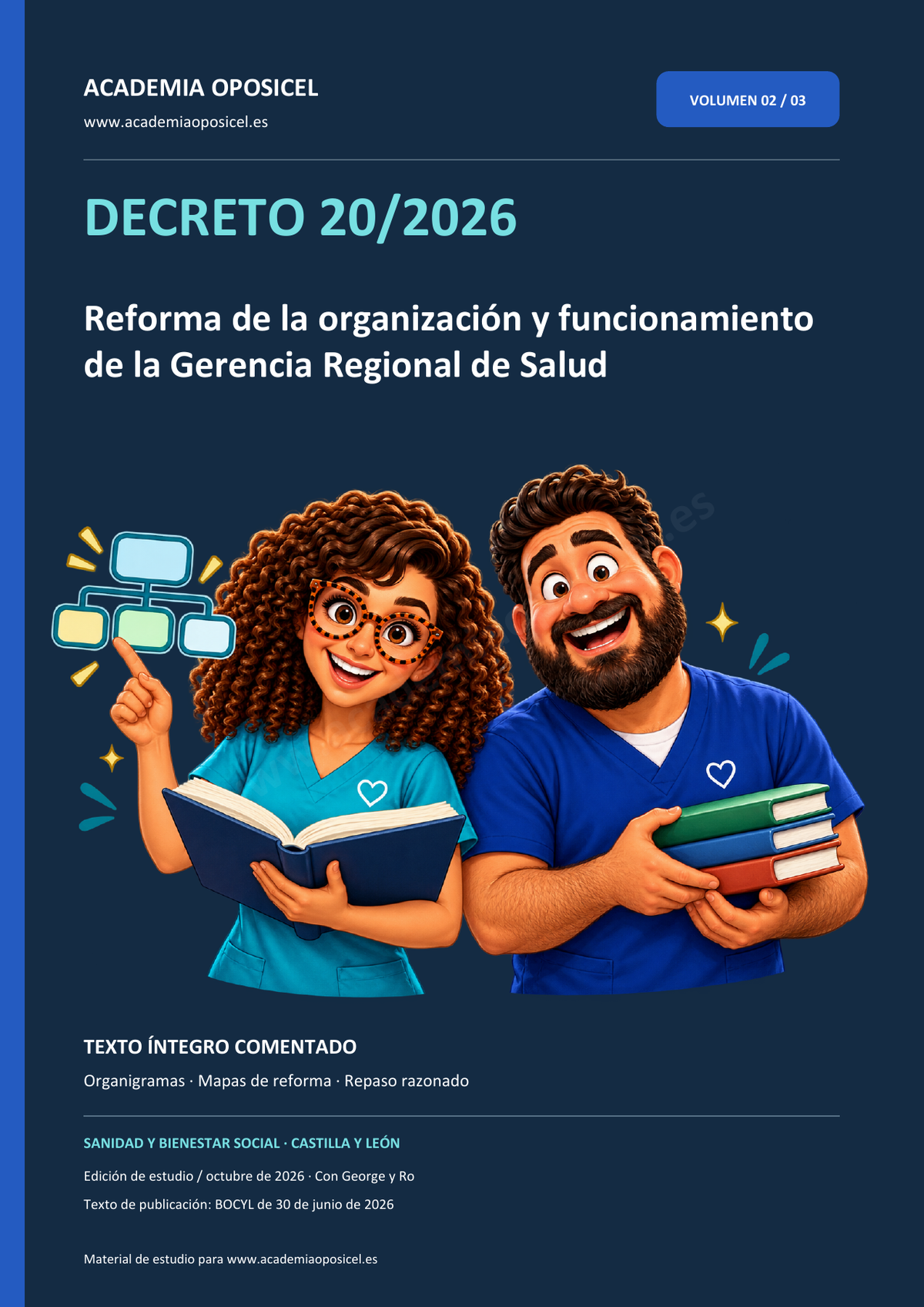 Carátula del volumen Decreto 20/2026 comentado, con George y Ro de Academia Oposicel
