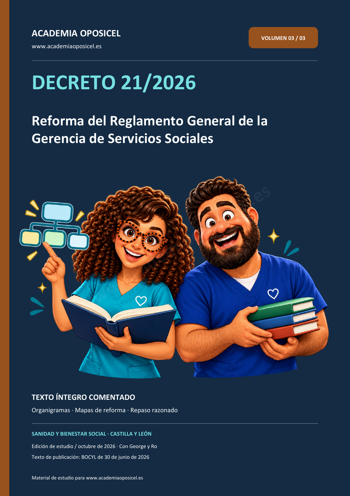 Carátula del volumen Decreto 21/2026 comentado, con George y Ro de Academia Oposicel