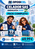 Pack completo OPOSICEL Celador SAS Andalucía 2026: 19 temas en PDF, 10 comunes y 9 específicos, 69,99 euros en un pago. Portada con George y Ro.