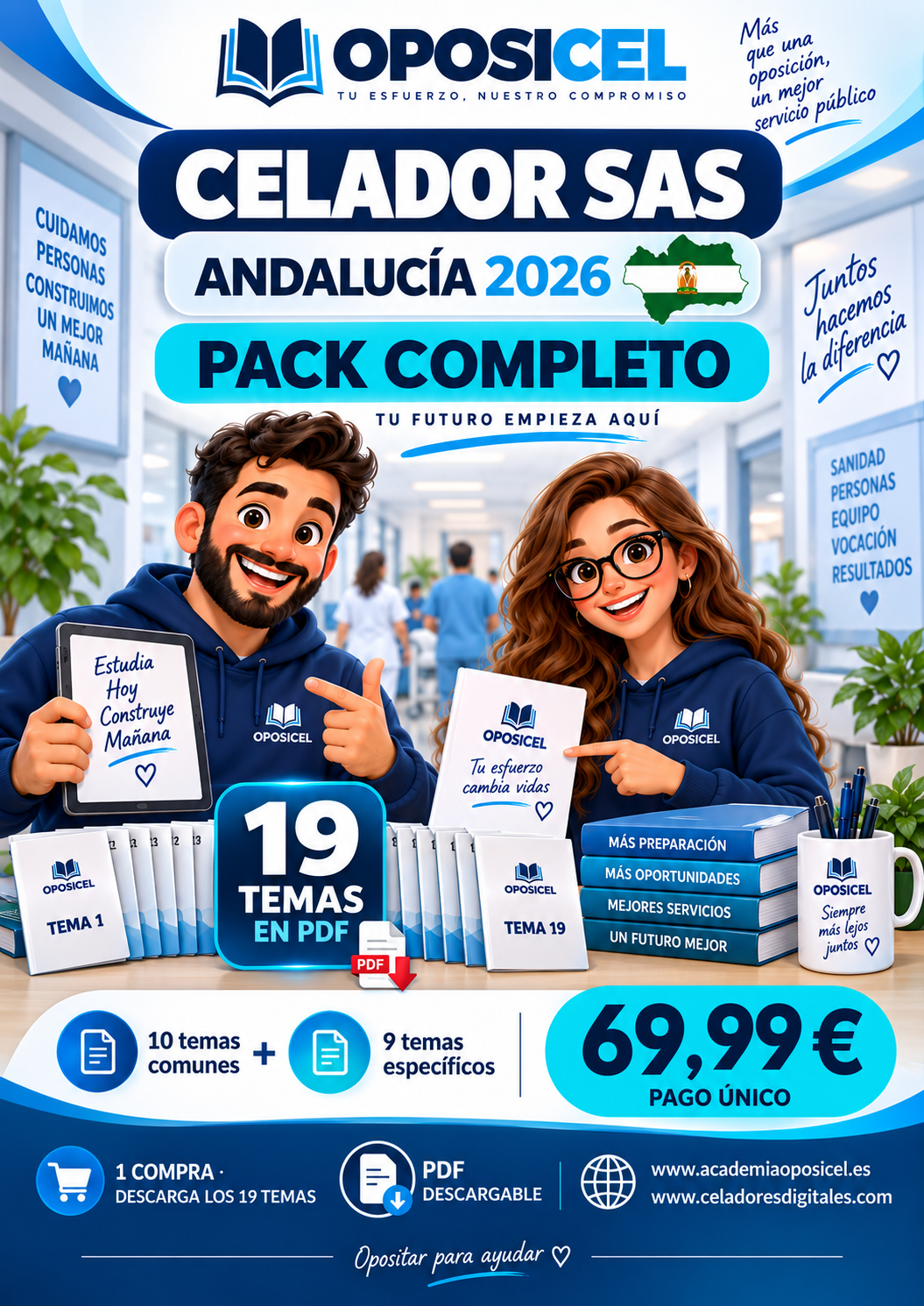 Pack completo OPOSICEL Celador SAS Andalucía 2026: 19 temas en PDF, 10 comunes y 9 específicos, 69,99 euros en un pago. Portada con George y Ro.