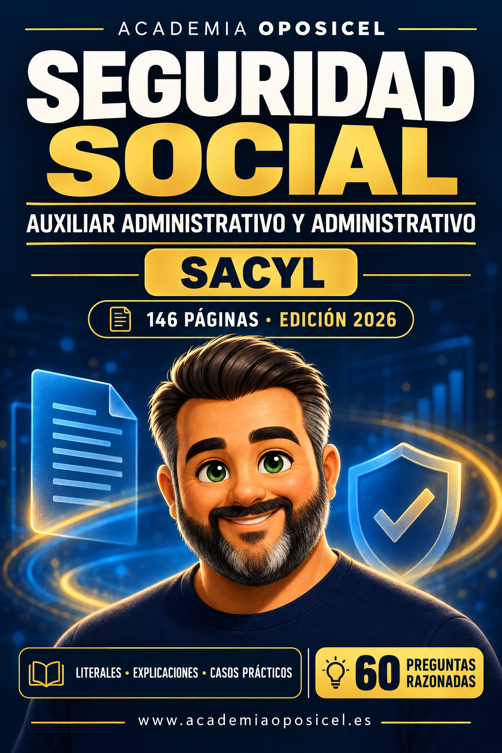 Carátula OPOSICEL Seguridad Social SACYL 2026 con George, 146 páginas y 60 preguntas razonadas